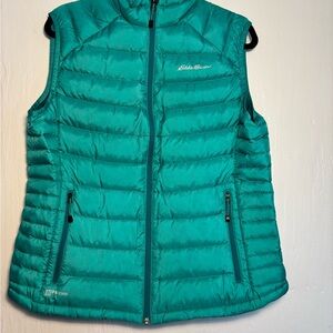 Eddie Bauer Women’s 800 Down Fill Quilted Vest Sz L Green Mock Neck Zip Front